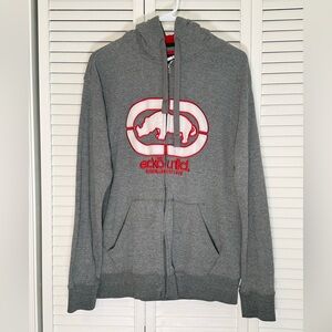 Ecko Unltd Men's Y2K Thermal Hoodie Heather Gray Red Rhino Logo Full Zip Size L